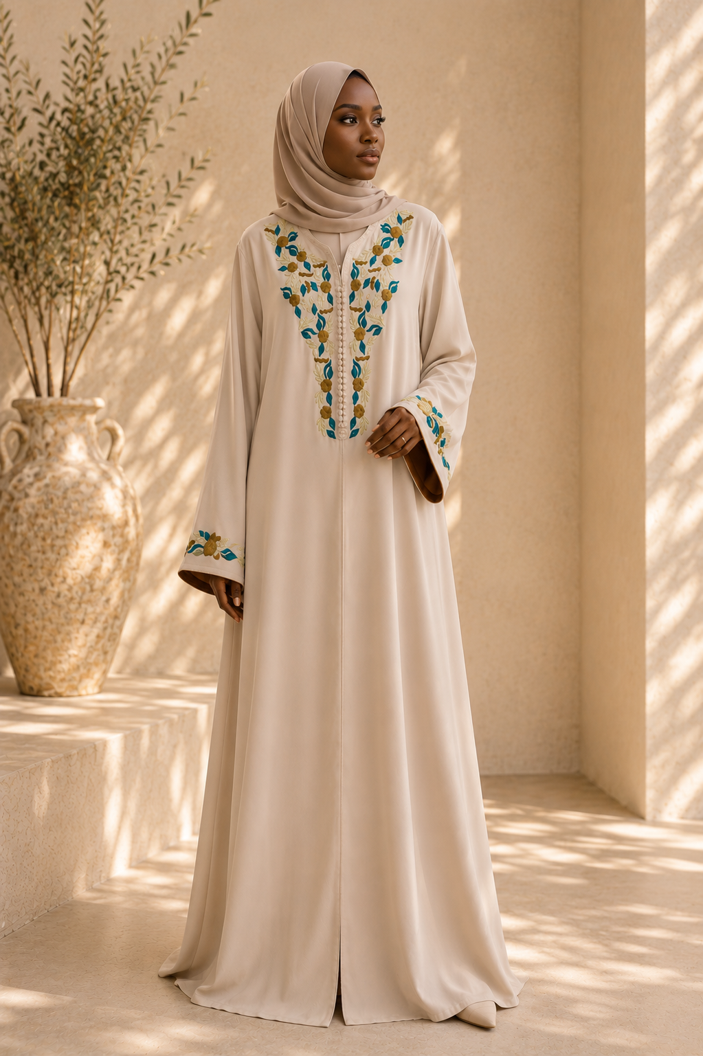 Caftan BATOUL broderie Fleurit - Beige