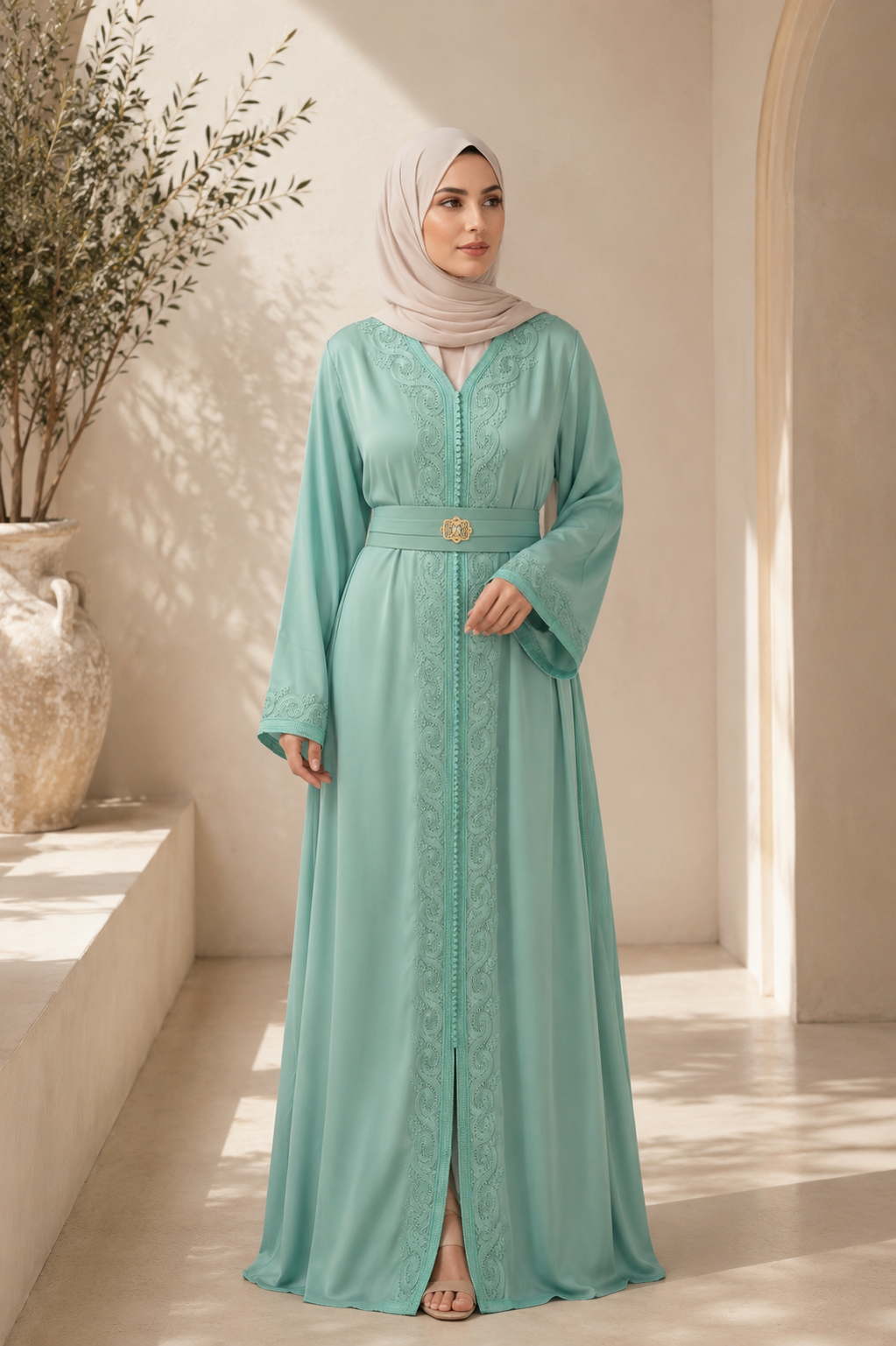 Caftan Mina- Crêpe de soie Turquoise