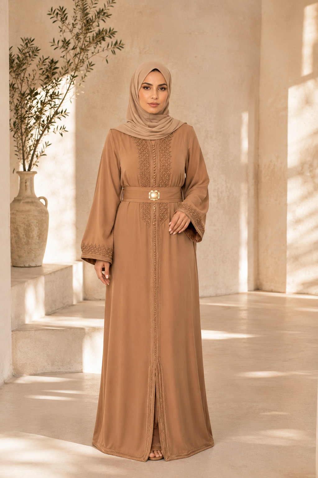 Caftan Farah- Crêpe de soie Camel doublure brune