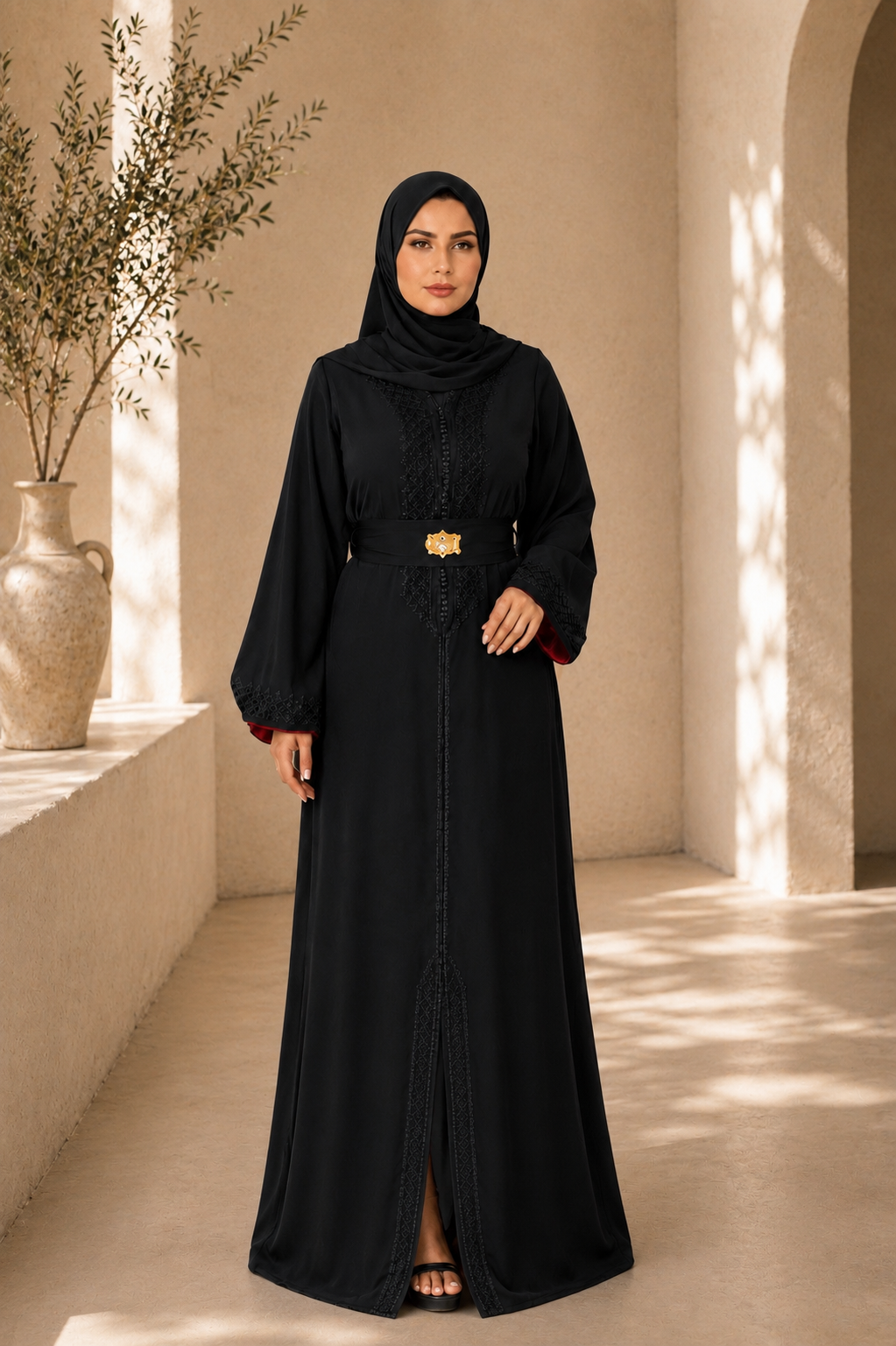 Caftan Farah- Crêpe de soie Noir doublure en rouge