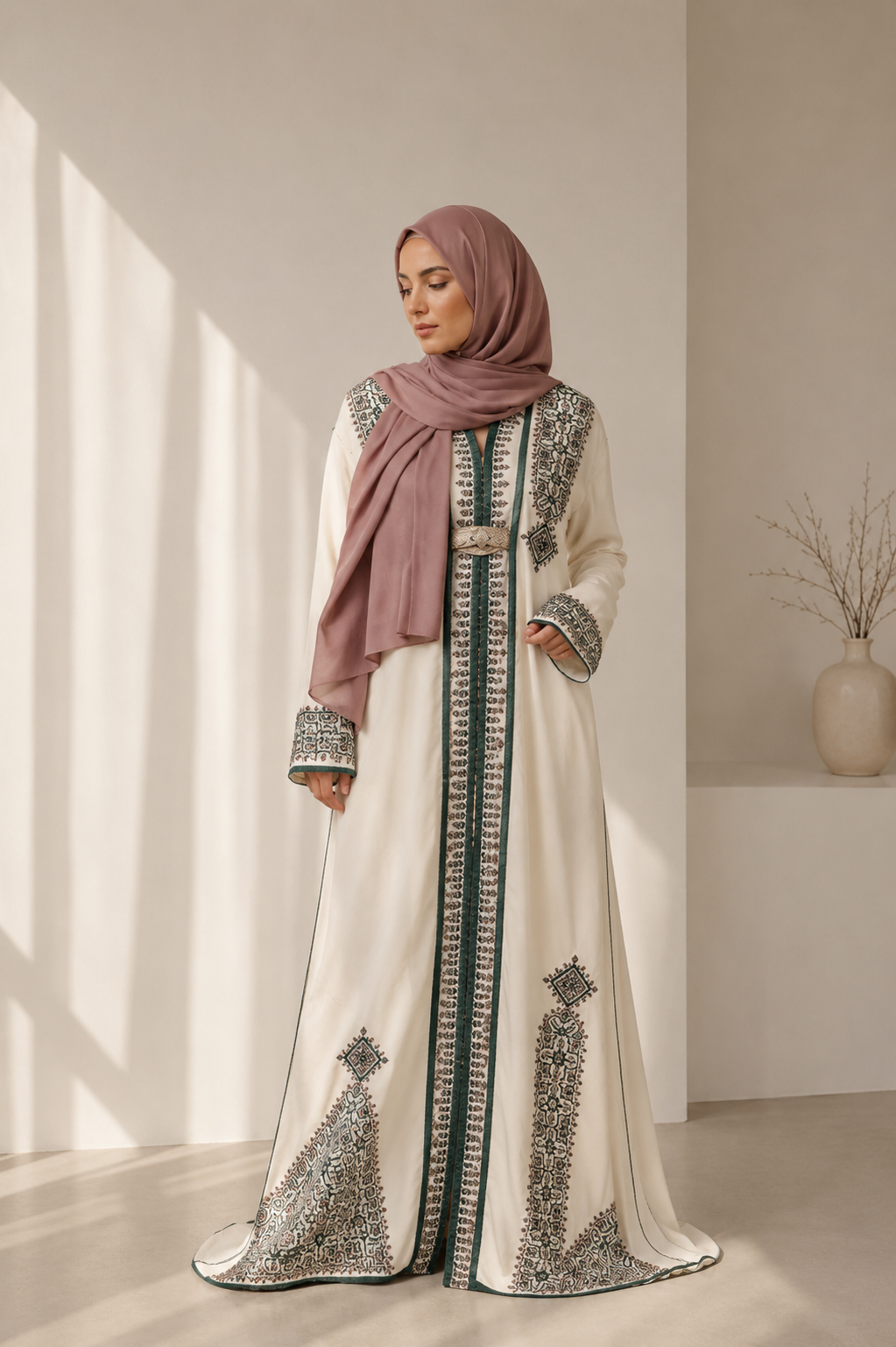Caftan crème broderie vert fôret Aya