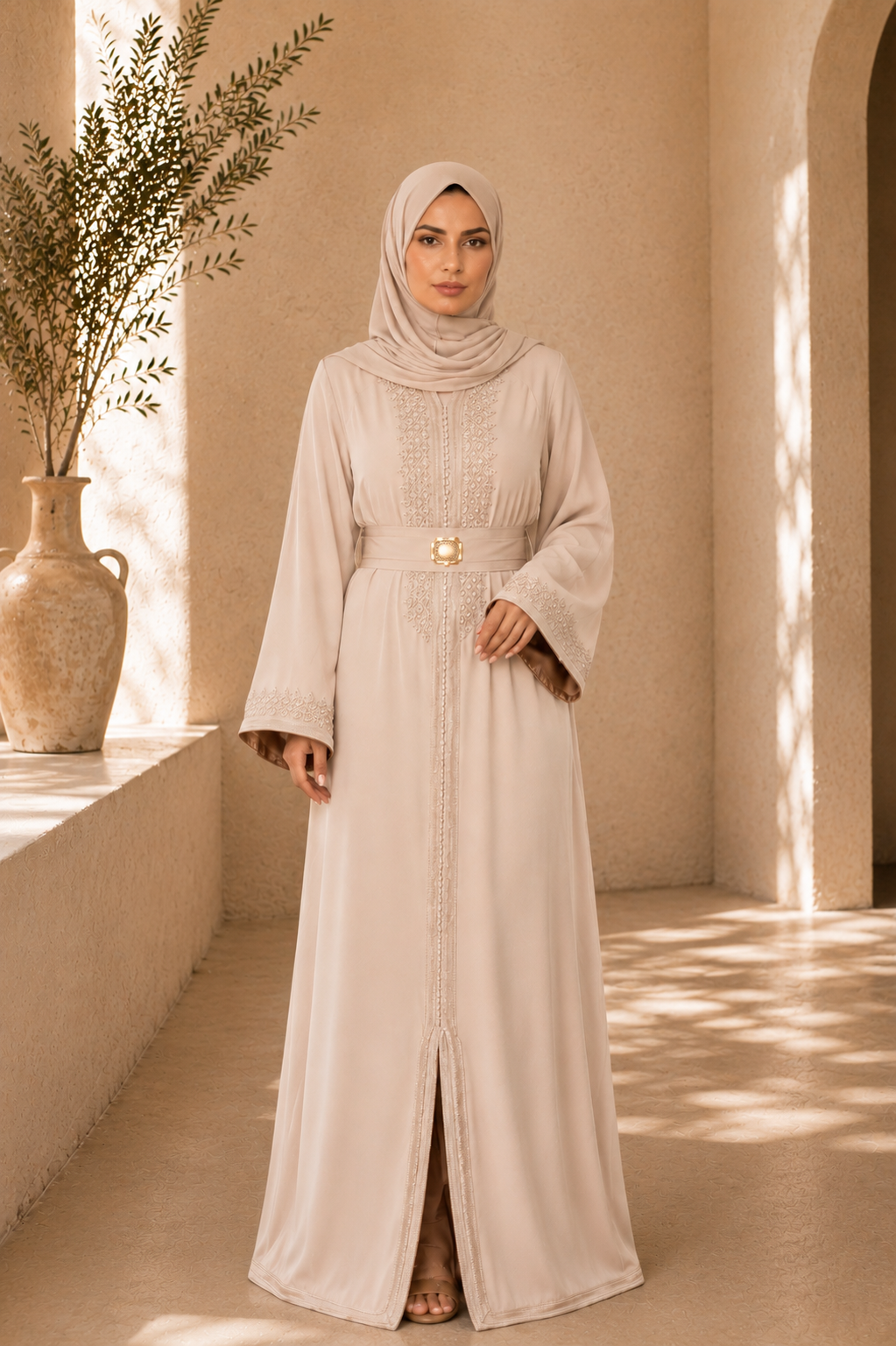 Caftan Farah- Crêpe de soie Beige rosé doublure brune