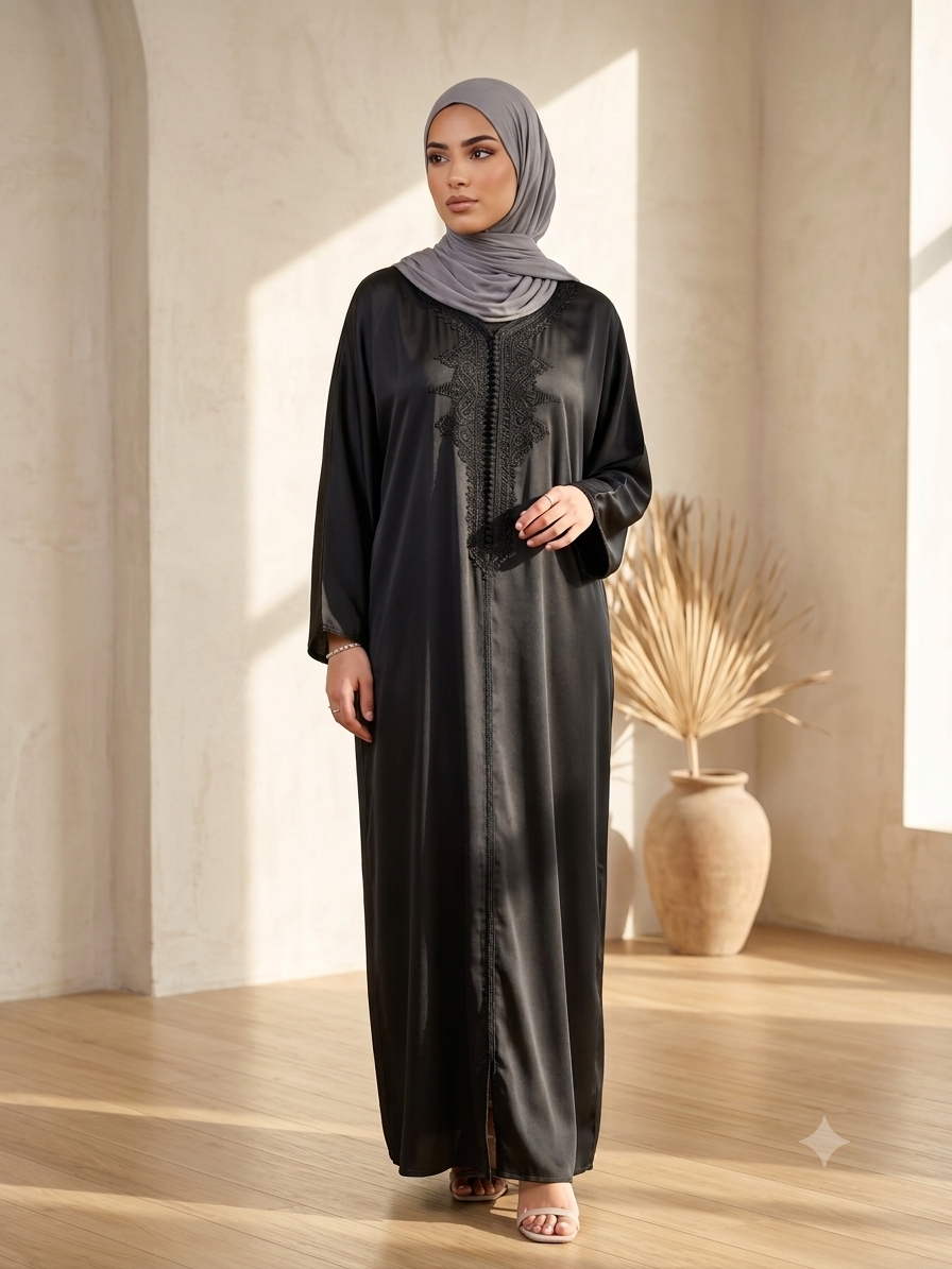 Caftan Aichaa- Satin crêpe Charbon