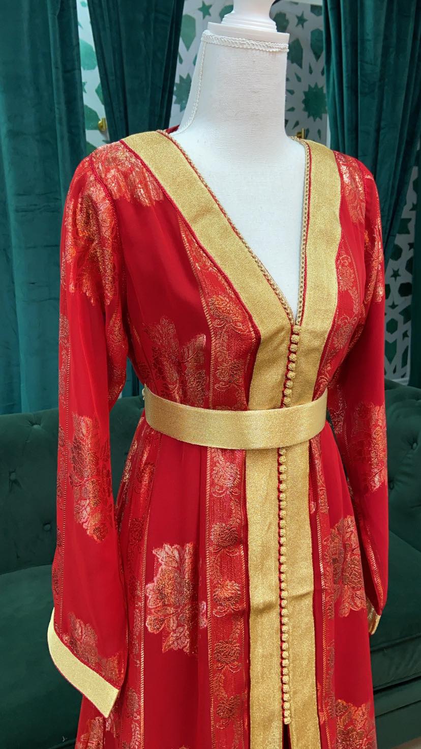 Caftan Rouge royal à fleur or Inès