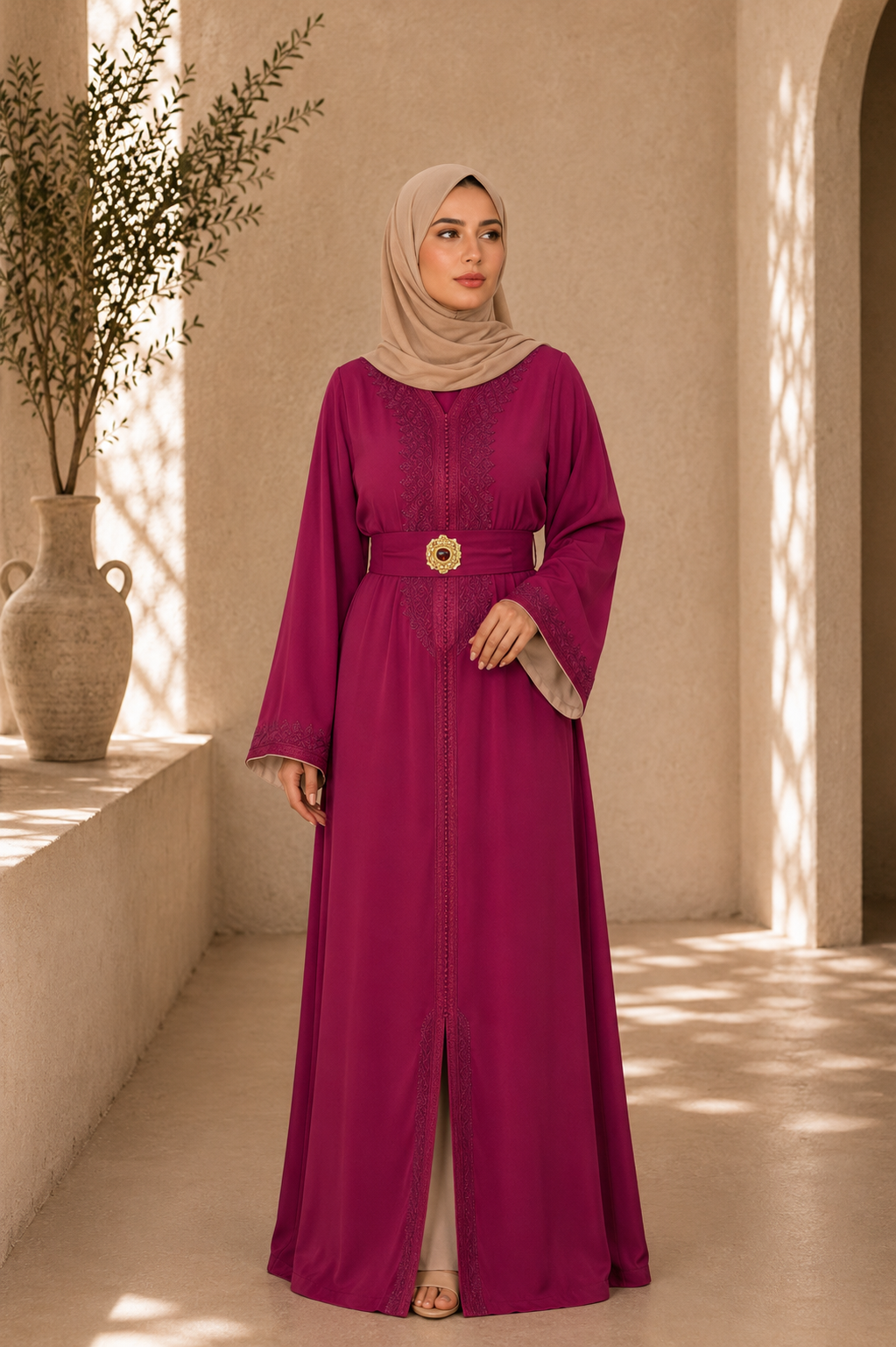 Caftan Farah- Crêpe de soie Bordeau doublure en beige