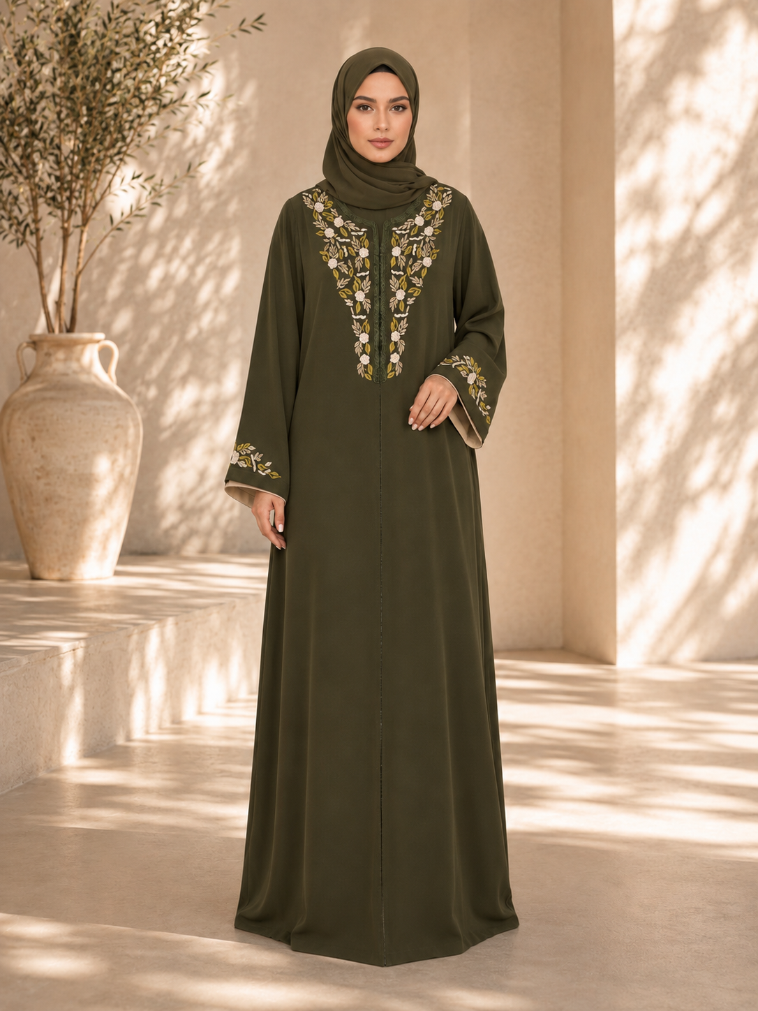 Caftan BATOUL broderie Fleurit - Vert Khaki