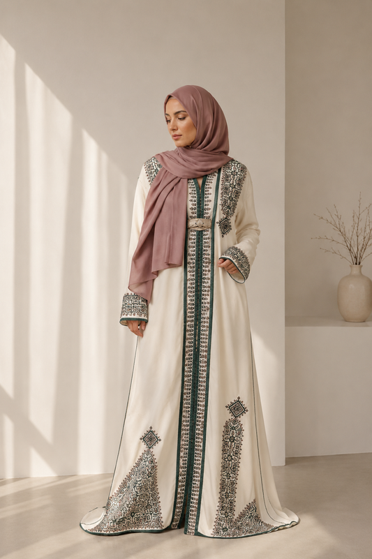 Caftan crème broderie vert fôret Aya