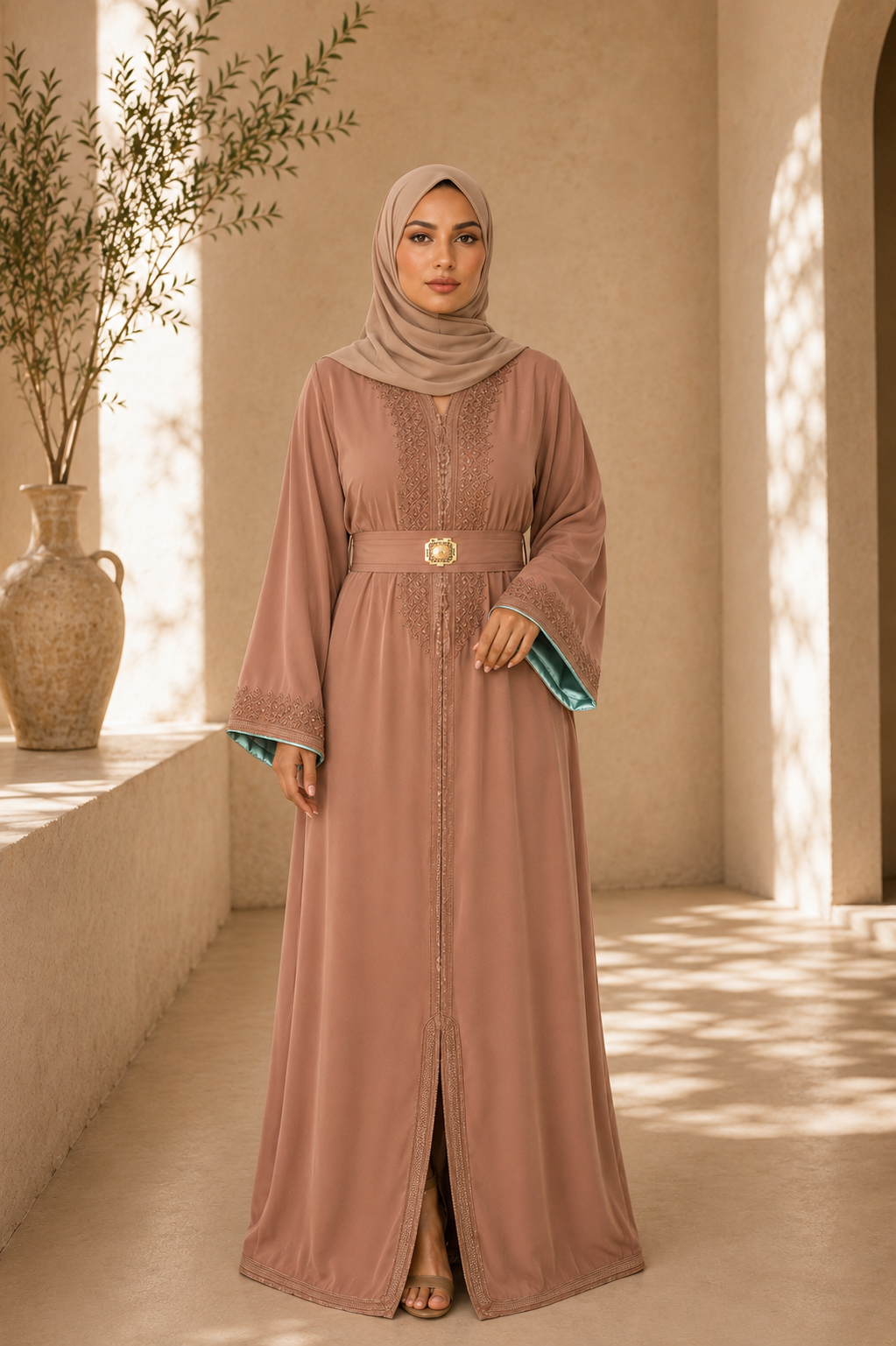 Caftan Farah- Crêpe de soie Argile doublure turquoise