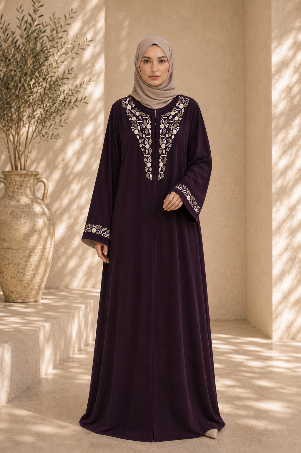 Caftan BATOUL broderie Fleurit - Aubergine