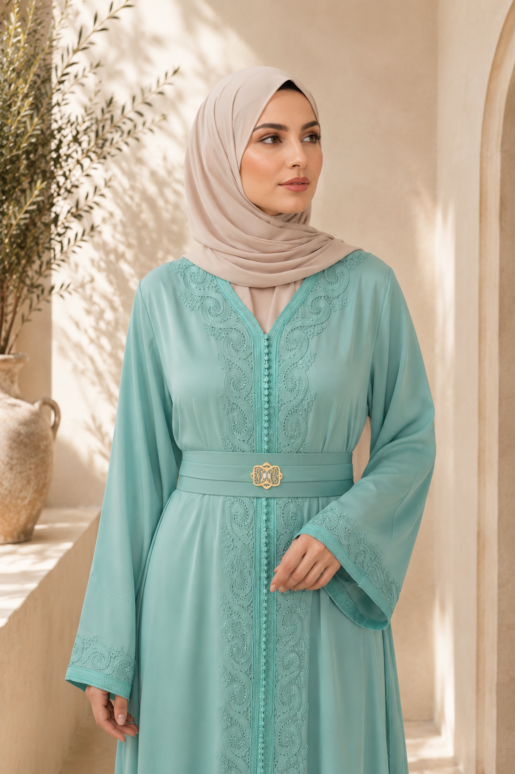 Caftan Mina- Crêpe de soie Turquoise