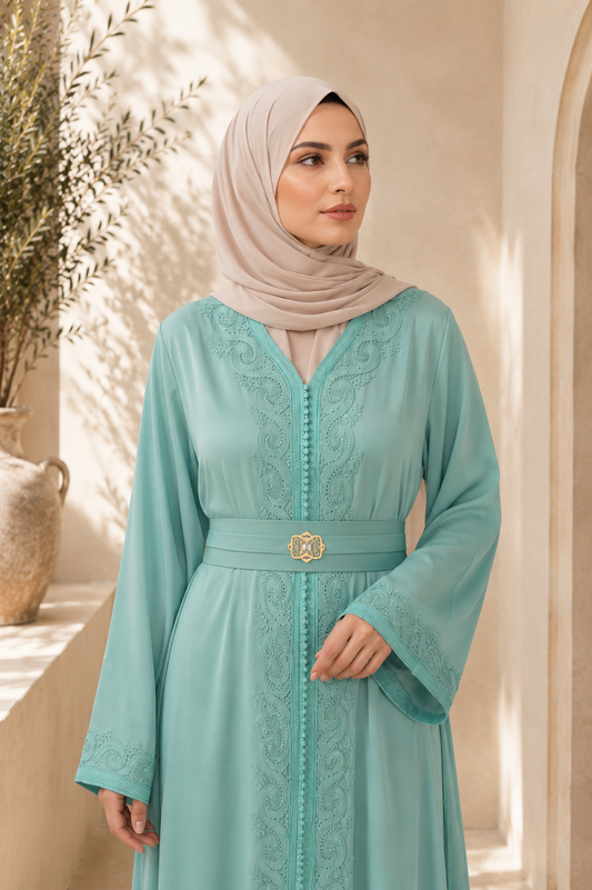 Caftan Mina- Crêpe de soie Turquoise
