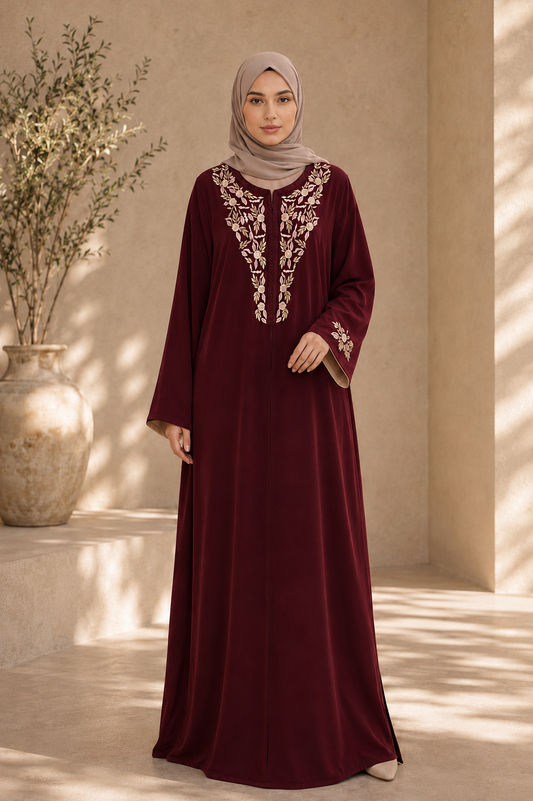 Caftan BATOUL broderie Fleurit - Bordeau