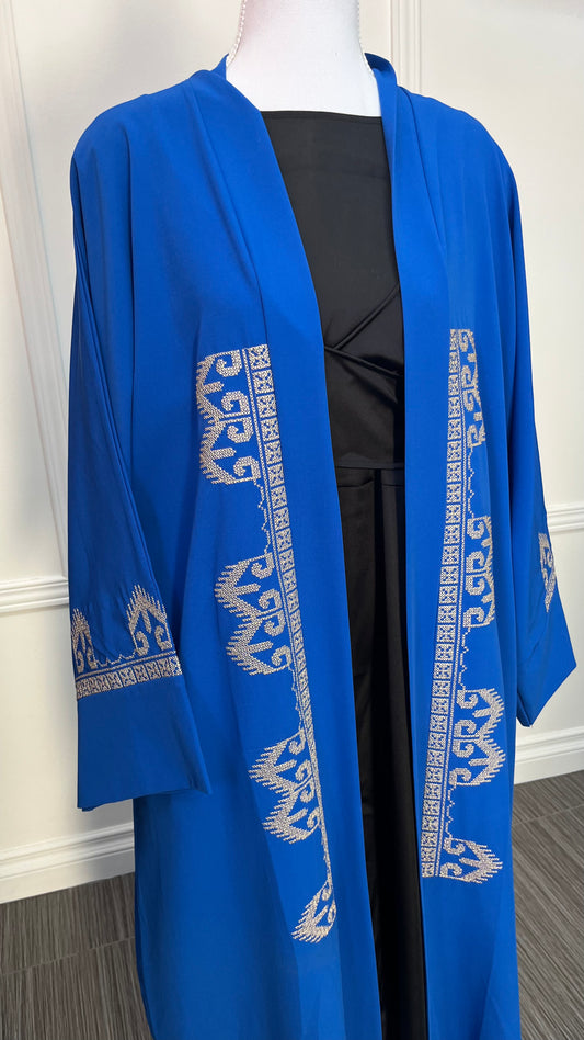 Abaya Kimono- Bleu royal broderie en or