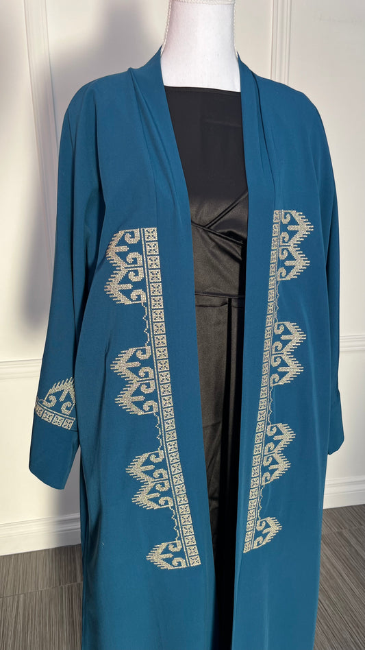 Abaya Kimono- Bleu sarcelle broderie en or