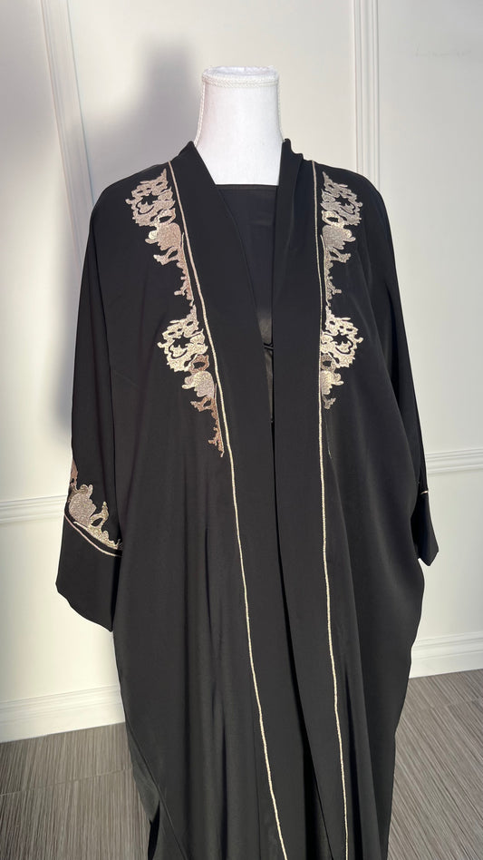 Abaya Kimono- Noir broderie en rose gold