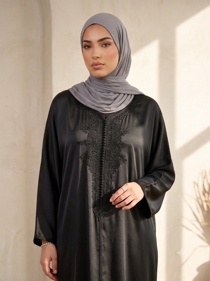 Caftan Aichaa- Satin crêpe Charbon