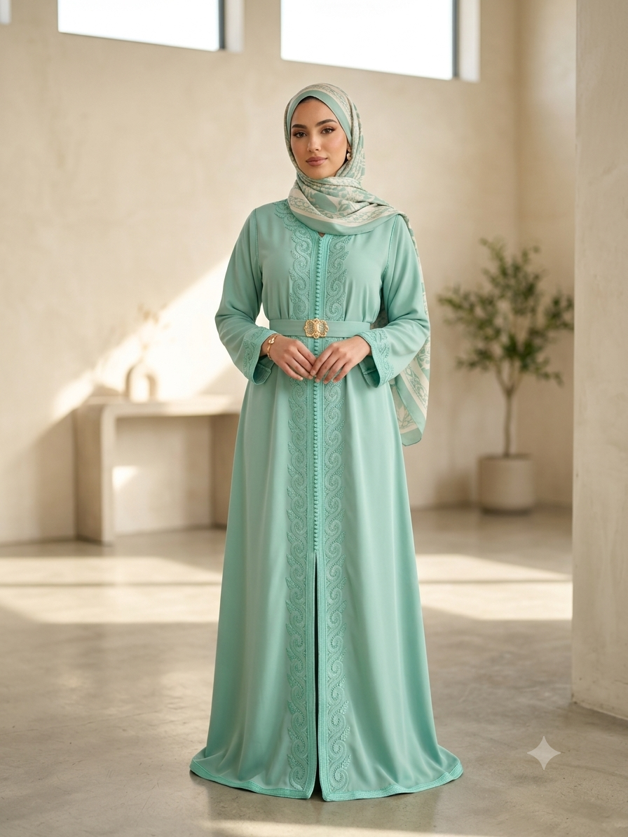 Caftan Mina- Crêpe de soie Turquoise