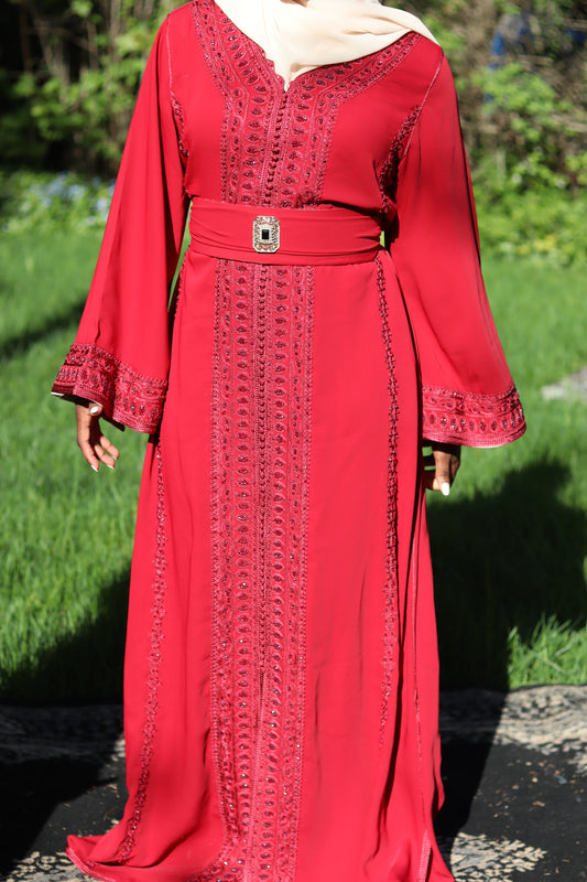 Caftan rouge royal doublure beige Fatima