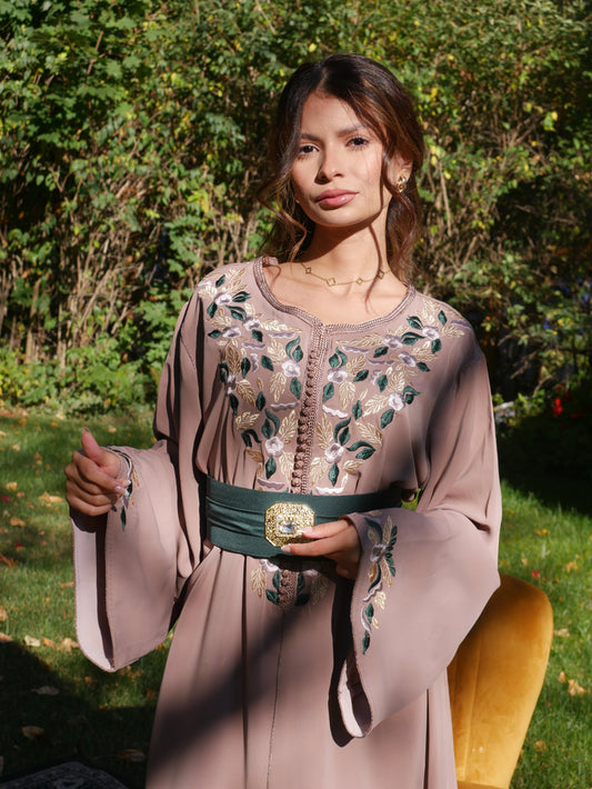 Caftan BATOUL broderie Fleurit - Taupe doublure Beige rosé