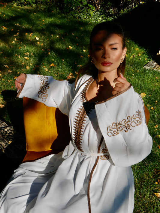 Abaya TAMO broderie Fleurit deux pièces - Blanc