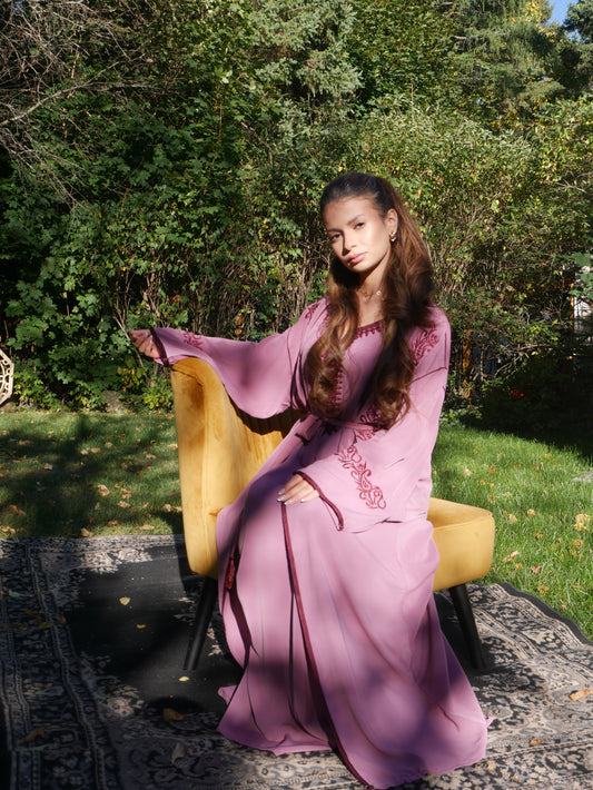 Abaya TAMO broderie Fleurit deux pièces - Framboise