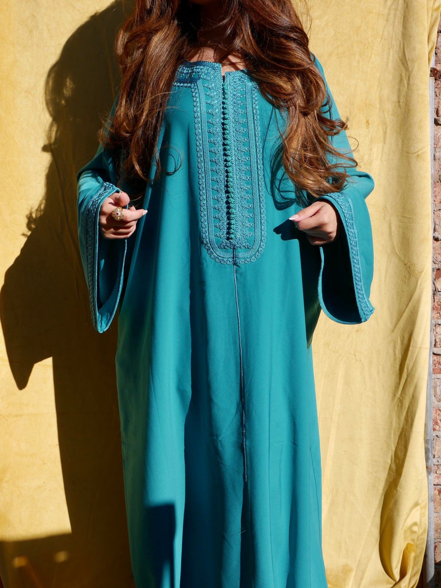 Caftan HALIMA turquoise broderie turquoise
