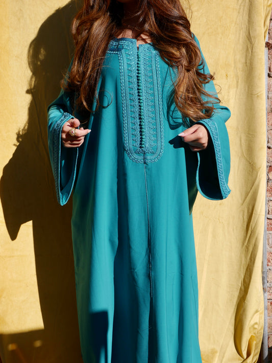 Caftan HALIMA turquoise broderie turquoise