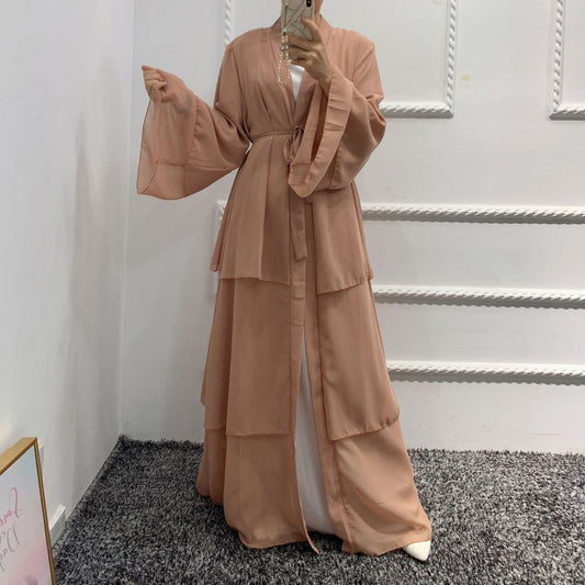 Abaya à volant beige camel . chiffon