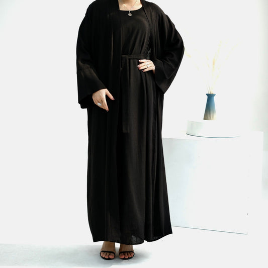 Ensemble deux pièces en LIN  - Abaya + robe Charbon