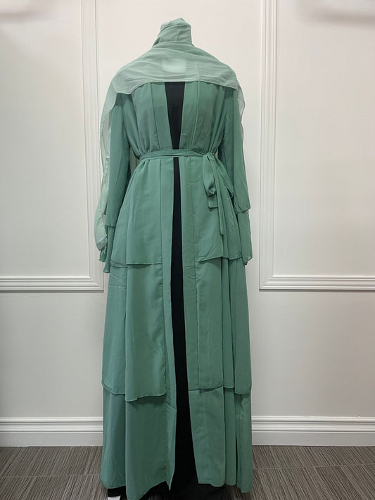 Abaya à volant vert eau . chiffon